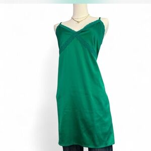 Babydoll Emerald Green Satin Slip with Lace Trim Midi Length |Colsiel Size 1X